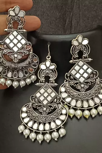 Silver replica mirror oxidixed earrings tikka set