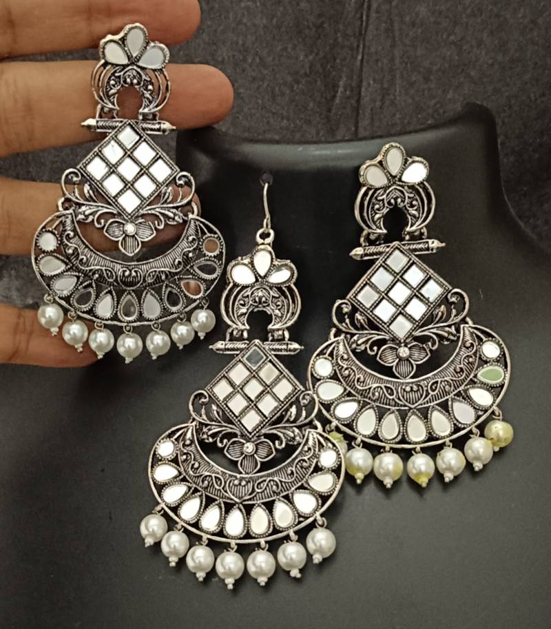 Silver replica mirror oxidixed earrings tikka set