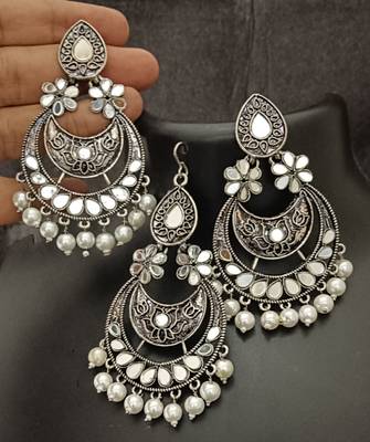 Silver replica mirror oxidixed pan shape earrings tikka set 1