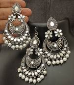 Silver replica mirror oxidixed pan shape earrings tikka set