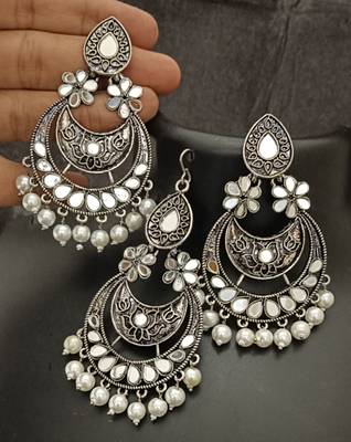 Silver replica mirror oxidixed pan shape earrings tikka set 2