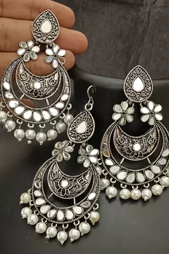 Silver replica mirror oxidixed pan shape earrings tikka set