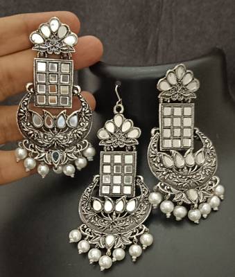 Silver replica mirror oxidixed rectangle shape earrings tikka set 1