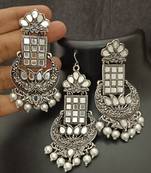 Silver replica mirror oxidixed rectangle shape earrings tikka set