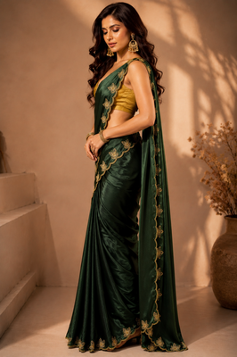 Gorgeous Chinon Saree With Amazing Zari Embroidery Border With And Contrast Blouse Piece 1