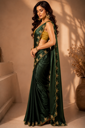 Gorgeous Chinon Saree With Amazing Zari Embroidery Border With And Contrast Blouse Piece