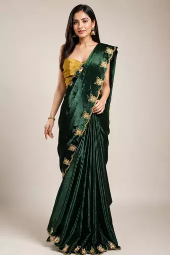 Gorgeous Chinon Saree With Amazing Zari Embroidery Border With And Contrast Blouse Piece
