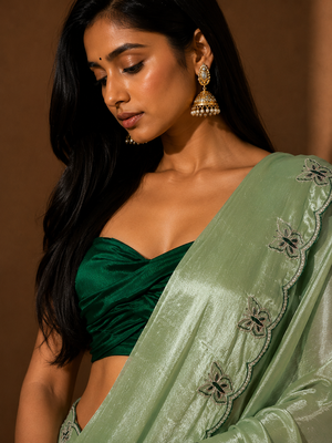 Gorgeous Chinon Saree With Amazing Zari Embroidery Border With And Contrast Blouse Piece 4