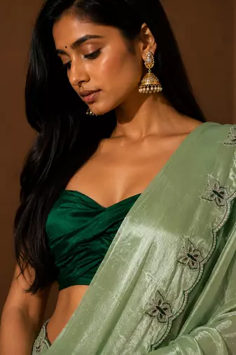 Gorgeous Chinon Saree With Amazing Zari Embroidery Border With And Contrast Blouse Piece