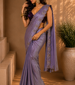 Gorgeous Chinon Saree With Amazing Zari Embroidery Border With And Contrast Blouse Piece