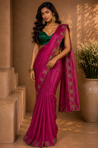 Gorgeous Chinon Saree With Amazing Zari Embroidery Border With And Contrast Blouse Piece