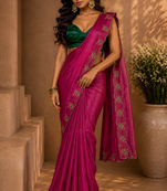 Gorgeous Chinon Saree With Amazing Zari Embroidery Border With And Contrast Blouse Piece
