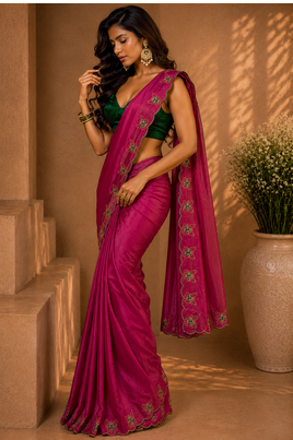 Gorgeous Chinon Saree With Amazing Zari Embroidery Border With And Contrast Blouse Piece 2