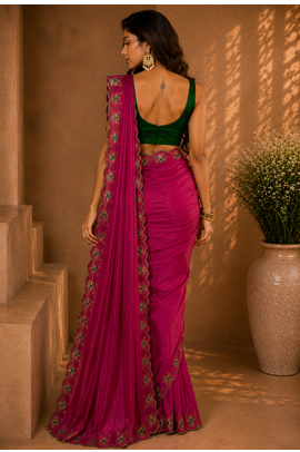 Gorgeous Chinon Saree With Amazing Zari Embroidery Border With And Contrast Blouse Piece 3