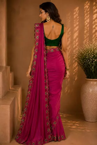 Gorgeous Chinon Saree With Amazing Zari Embroidery Border With And Contrast Blouse Piece
