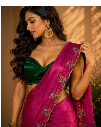 Gorgeous Chinon Saree With Amazing Zari Embroidery Border With And Contrast Blouse Piece 4