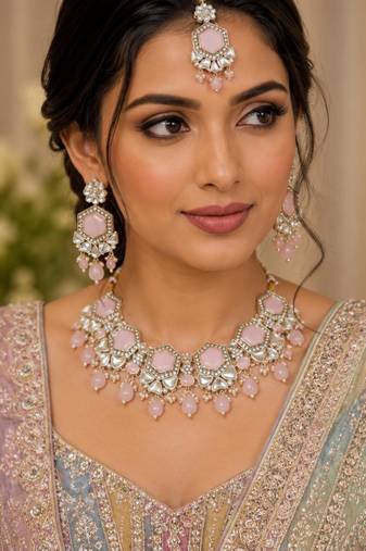 Pink color necklace set with earrings & maang tikka | kundan & agate stone | lekar gold plating