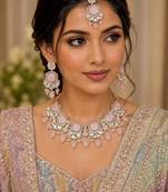 Pink color necklace set with earrings & maang tikka | kundan & agate stone | lekar gold plating