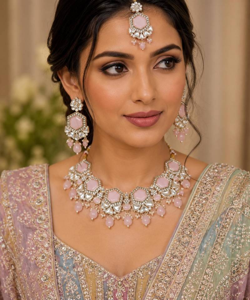 Pink color necklace set with earrings & maang tikka | kundan & agate stone | lekar gold plating