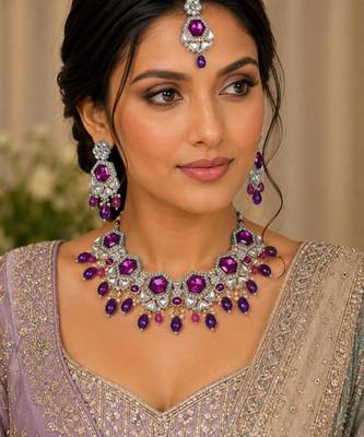 Purple color necklace set with earrings & maang tikka | kundan & agate stone | lekar gold plating 1