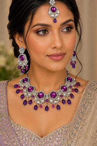 Purple color necklace set with earrings & maang tikka | kundan & agate stone | lekar gold plating