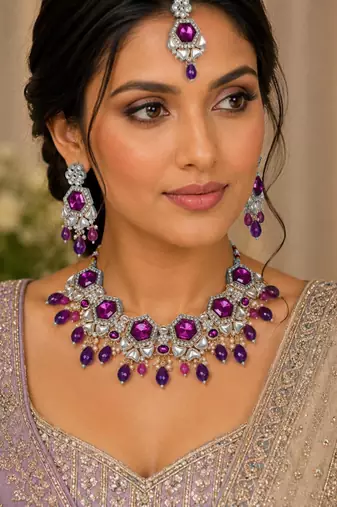 Purple color necklace set with earrings & maang tikka | kundan & agate stone | lekar gold plating