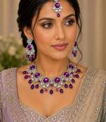Purple color necklace set with earrings & maang tikka | kundan & agate stone | lekar gold plating