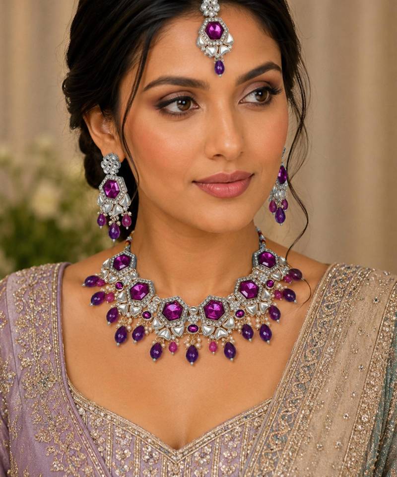 Purple color necklace set with earrings & maang tikka | kundan & agate stone | lekar gold plating