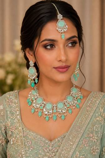 Pista color necklace set with earrings & maang tikka | kundan & agate stone | lekar gold plating