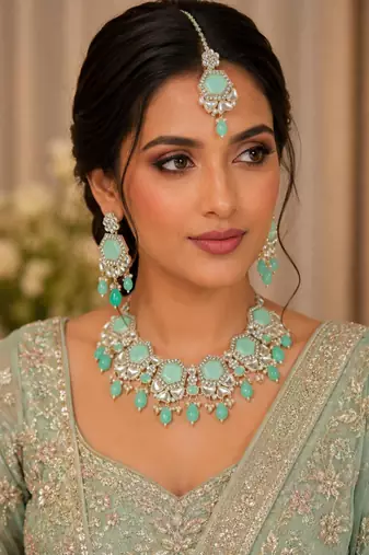Pista color necklace set with earrings & maang tikka | kundan & agate stone | lekar gold plating