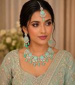 Pista color necklace set with earrings & maang tikka | kundan & agate stone | lekar gold plating