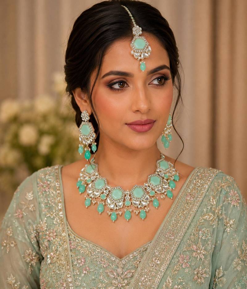 Pista color necklace set with earrings & maang tikka | kundan & agate stone | lekar gold plating