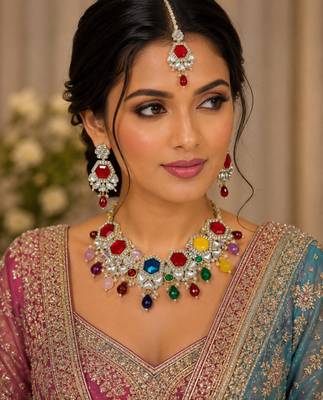 Multy color necklace set with earrings & maang tikka | kundan & agate stone | lekar gold plating 1