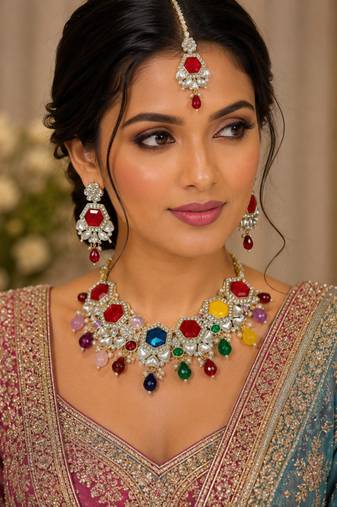 Multy color necklace set with earrings & maang tikka | kundan & agate stone | lekar gold plating