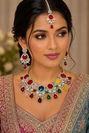 Multy color necklace set with earrings & maang tikka | kundan & agate stone | lekar gold plating