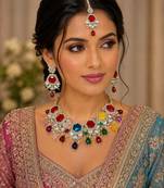 Multy color necklace set with earrings & maang tikka | kundan & agate stone | lekar gold plating