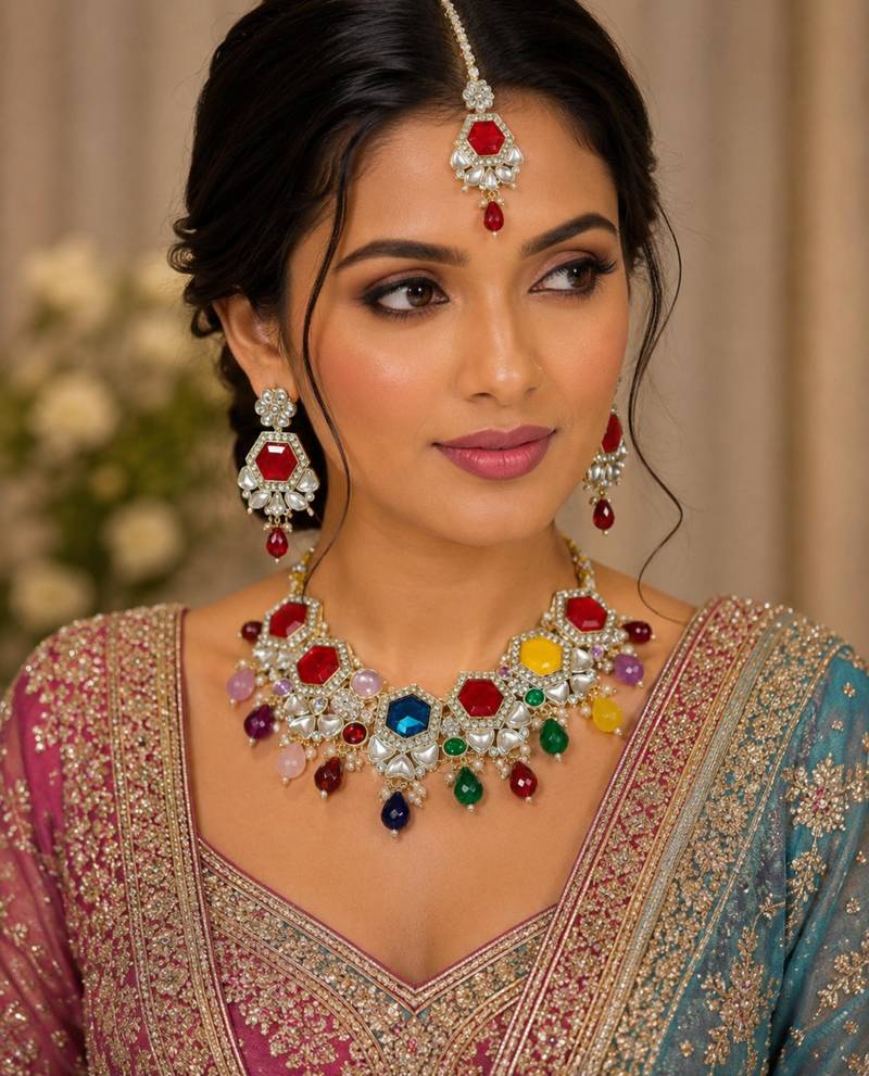 Multy color necklace set with earrings & maang tikka | kundan & agate stone | lekar gold plating