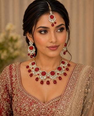 Red color necklace set with earrings & maang tikka | kundan & agate stone | lekar gold plating 1