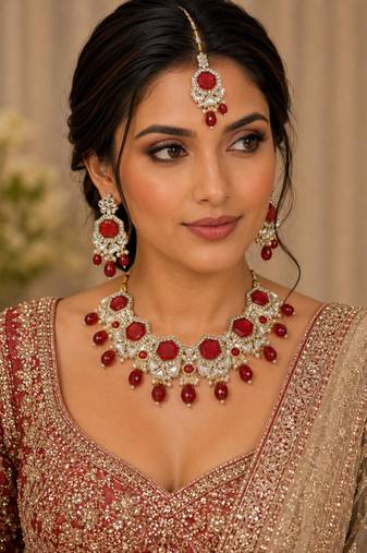 Red color necklace set with earrings & maang tikka | kundan & agate stone | lekar gold plating