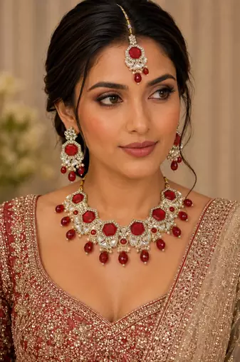 Red color necklace set with earrings & maang tikka | kundan & agate stone | lekar gold plating