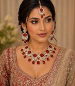 Red color necklace set with earrings & maang tikka | kundan & agate stone | lekar gold plating