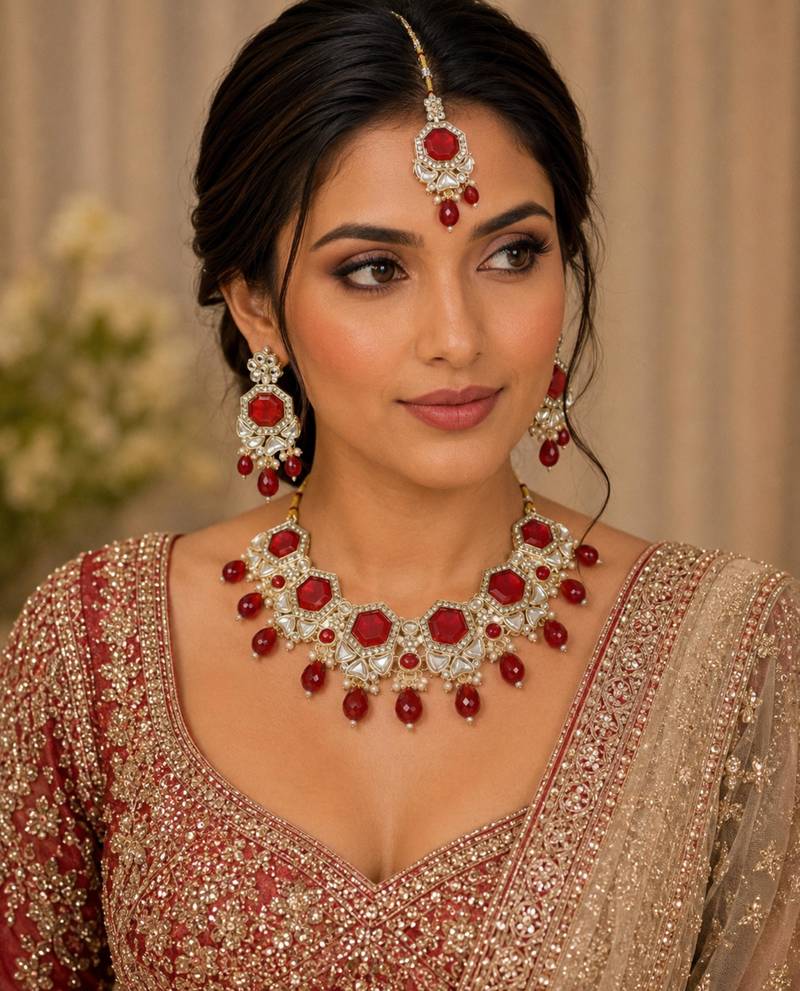 Red color necklace set with earrings & maang tikka | kundan & agate stone | lekar gold plating