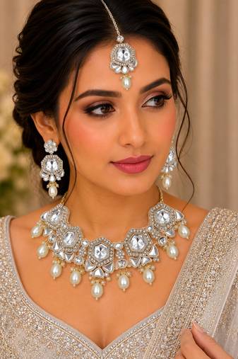White color necklace set with earrings & maang tikka | kundan & agate stone | lekar gold plating