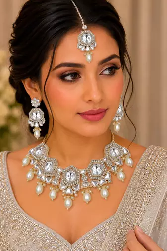 White color necklace set with earrings & maang tikka | kundan & agate stone | lekar gold plating
