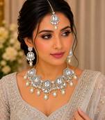 White color necklace set with earrings & maang tikka | kundan & agate stone | lekar gold plating