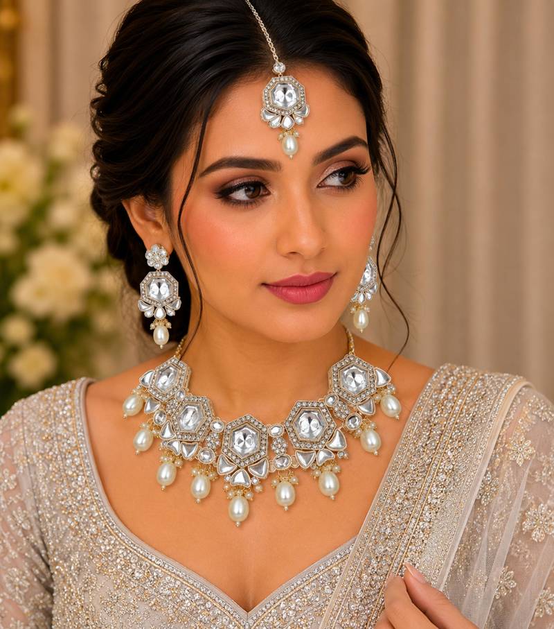 White color necklace set with earrings & maang tikka | kundan & agate stone | lekar gold plating
