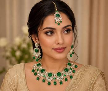 Green color necklace set with earrings & maang tikka | kundan & agate stone | lekar gold plating 5