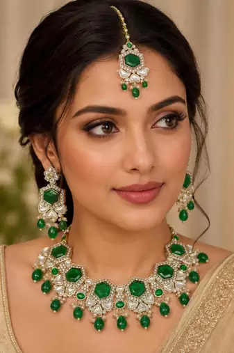 Green color necklace set with earrings & maang tikka | kundan & agate stone | lekar gold plating