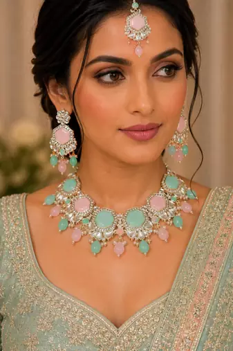 Pink pista color necklace set with earrings & maang tikka | kundan & agate stone | lekar gold plating
