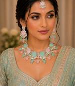 Pink pista color necklace set with earrings & maang tikka | kundan & agate stone | lekar gold plating